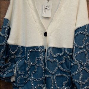 (One size)Blue and White Heart Cardigan